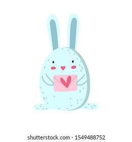 Vector flat illustration of a cute blue bunny with a love letter on a white background. Children's illustration of bunnies. Cute animals. Valentine's Day.