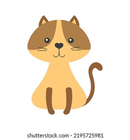 vector flat illustration of cute brown cat isolated on white background, funny pet in cartoon style