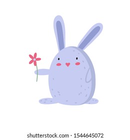 Vector flat illustration of a cute bunny who gives a flower on a white background. Children's cute bunny illustration. Cute animals. Valentine's Day.