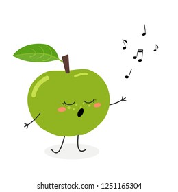 Vector flat illustration of cute cartoon green apple singing a song, isolated on white background 