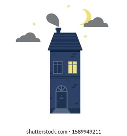 Vector flat illustration with cute cartoon house at night isolated on white background.