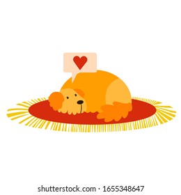  Ilustración plana vectorial. El perro de caricatura cutáneo piensa en el amor. Dibujado a mano. 