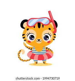 Vector flat illustration of cute cartoon summer tiger with swimming ring and diving mask. Summer tropical animals on the beach