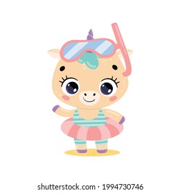 Vector flat illustration of cute cartoon summer unicorn with swimming ring and diving mask. Summer tropical animals on the beach
