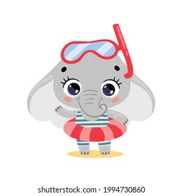 Vector flat illustration of cute cartoon summer elephant with swimming ring and diving mask. Summer tropical animals on the beach