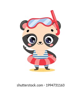 Vector flat illustration of cute cartoon summer panda with swimming ring and diving mask. Summer tropical animals on the beach
