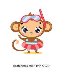 Vector flat illustration of cute cartoon summer monkey with swimming ring and diving mask. Summer tropical animals on the beach