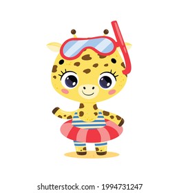 Vector flat illustration of cute cartoon summer giraffe with swimming ring and diving mask. Summer tropical animals on the beach