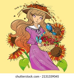 vector flat illustration of cute cartoon girl with cherries and sunflowers