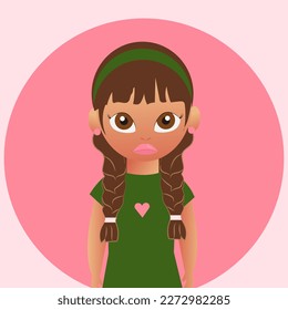 Vector flat illustration of a cute cartoon girl with big beautiful eyes and two pigtails with a bandage on her head in the style of the 90s
