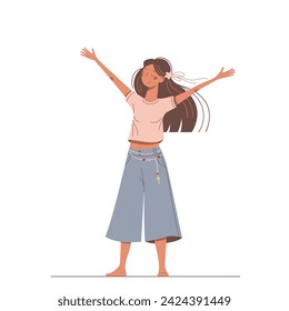 Vector flat illustration with cute cartoon young woman isolated on a white background. Nice happy girl with a positive emotions and inspiration.