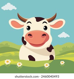 Vector flat illustration of a cute cartoon cow on a field.
