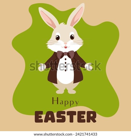 Vector flat illustration of a cute cartoon Easter bunny wearing a jacket and bow tie.

