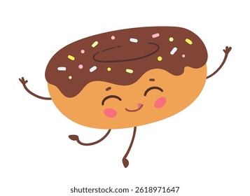Vector flat illustration of a cute chocolate donut with arms and legs, colorful sprinkles smiling and dancing
