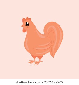 Vector flat illustration of cute cock. Cartoon orange rooster, chicken for use in card, banner, flyer, sticker, pattern. Hand drawn illustration. Funny domestic bird, farm and poultry concept.