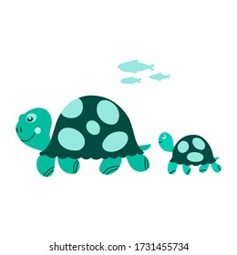 Vector flat illustration cute colorful turtles with fishes isolated on white background. Design for greeting cards, textile, print, logo. World turtle day