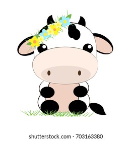 Vector flat  illustration. Cute cow.Cartoon animal. A nice little cow is sitting on the grass.  Flower decoration.