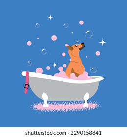 Vector flat illustration of cute dog taking a bath full of soap foam.  Grooming concept on blue background