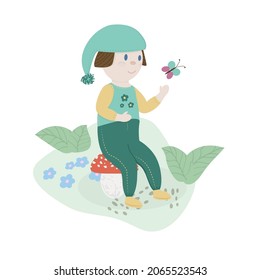 vector flat illustration of a cute dwarf (elf) sitting on a mushroom