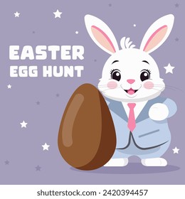 Vector flat illustration of a cute Easter bunny in a suit with a large chocolate egg. Card for a traditional holiday egg hunt.