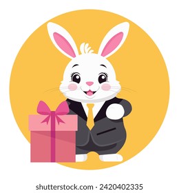 Vector flat illustration of a cute Easter bunny in a classic suit with a big gift.