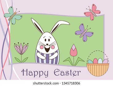 Vector flat illustration with cute elements for Easter holiday. Funny objects made of childish style. Card template