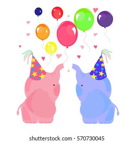 Vector flat illustration of cute elephant.  Happy birthday party.