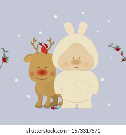 Vector flat illustration with cute friends. Bigfoot,reindeer and bird. MIstletoe. Happy Christmas Companions. Christmas Cute Animals Character.
