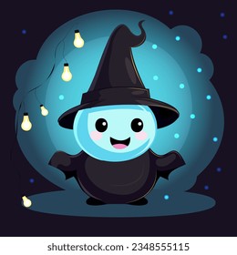 Vector flat illustration, cute funny ghost in halloween hat. Perfect for holiday card, clothing print and more.
