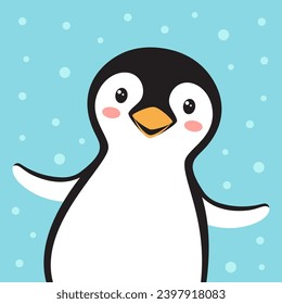 vector flat illustration of cute funny penguin, card for kids with cartoon happy animal