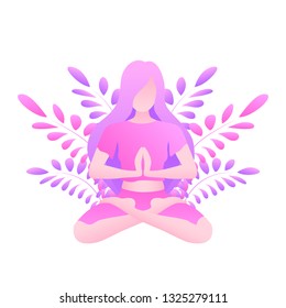 Vector flat illustration of cute girl in pink sports suit sitting in yoga pose with floral decoration isolated on the white background. 