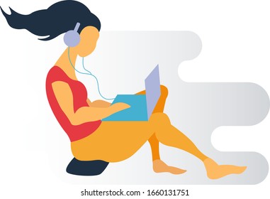 Vector flat illustration of cute girl listening music and checking her laptop.