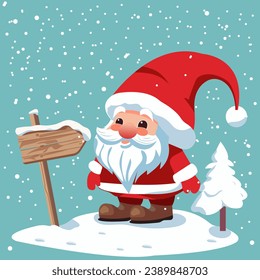 Vector flat illustration, a cute gnome in a Christmas hat stands in a snowy forest near a Christmas tree and a wooden plate. You can place text on the plate, all elements are isolated from each other.