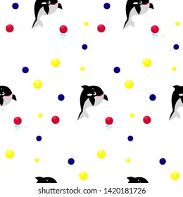 Vector flat illustration with cute killer whale baby. Orca. Seamless pattern.