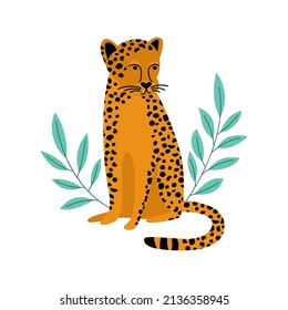 Vector flat illustration with cute leopard cub on a white background. Wildcat sitting in a leaves