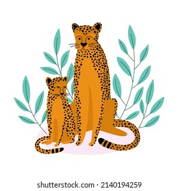 Vector flat illustration with cute leopards on a white background. Mother's Day greeting card