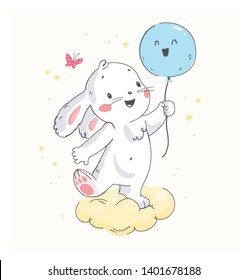 Vector flat illustration of cute little white baby bunny character with air balloon standing isolated. Hand drawn style. For baby calendar, baby shower, birthday card, tee print, sticker, nursery etc