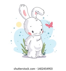 Vector flat illustration of cute little white baby bunny character with pink butterfly isolated. Hand drawn style. For baby calendar, baby shower, birthday card, tee print, sticker, nursery etc.