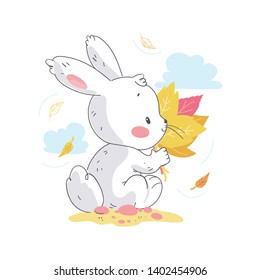 Vector flat illustration of cute little white baby bunny character with autumn leaves bouquet sitting. Hand drawn style. For baby calendar, baby shower, birthday card, tee print, sticker, nursery etc.