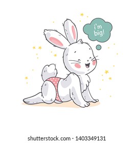 Vector flat illustration of cute little white baby bunny character crawling and smiling isolated. Hand drawn style. For baby calendar, baby shower, birthday card, tee print, sticker, nursery etc.