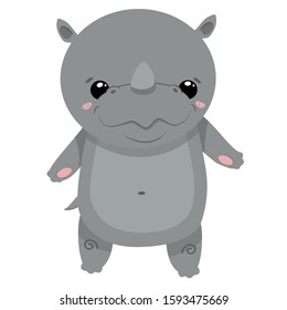 Vector flat illustration of a cute little gray rhino in kawaii style. A childish character for kids clothing or training books.