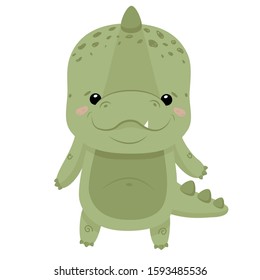 Vector flat illustration of a cute little green crocodile in kawaii style. A childish character for kids clothing or training books.