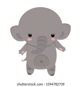 Vector flat illustration of a cute little gray elephant in kawaii style. A childish character for kids clothing, training books or games.