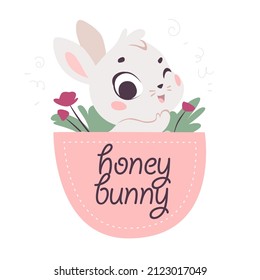 Vector flat illustration with cute little bunny animal sit in pink pocket isolated. Cartoon children illustration for prints, cards, nursery designs. 