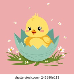 Vector flat illustration of a cute little chicken in an egg shell.