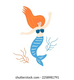 Vector flat illustration with cute mermaid on white background.