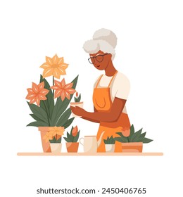 Vector flat illustration of a cute old African woman gardener in an apron with flowers in pots. Hobbies floristry and a pleasant pastime for pensioner. Illustration for articles and postcards