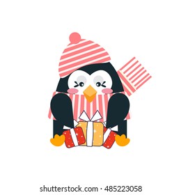 Vector flat illustration of cute penguin in winter hat and scarf, with presents.