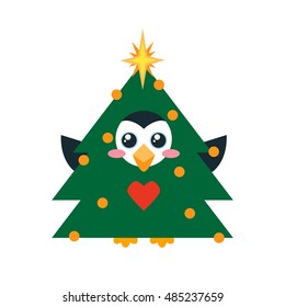 Vector flat illustration of cute penguin in Christmas tree outfit. Object isolated on white background