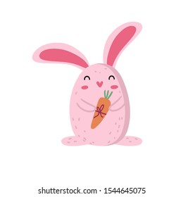 Vector flat illustration of a cute pink bunny with a carrot gift on a white background. Children's cute bunny illustration. Cute animals. Valentine's Day.